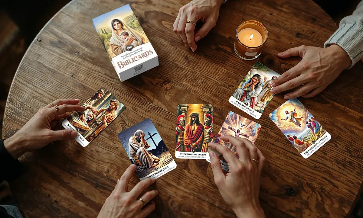 A group arranging Biblicards on a wooden table