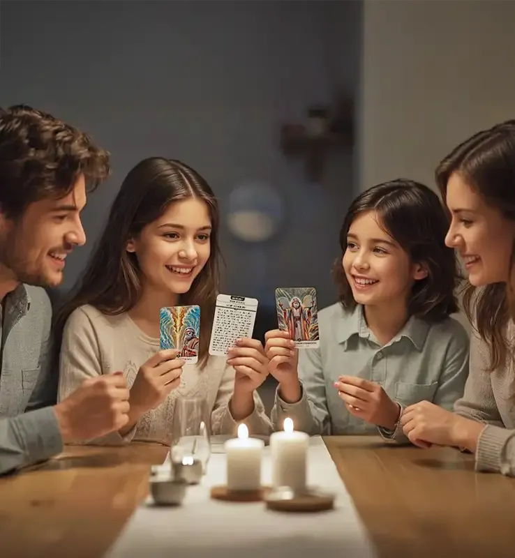 A family sharing Biblicards by candlelight