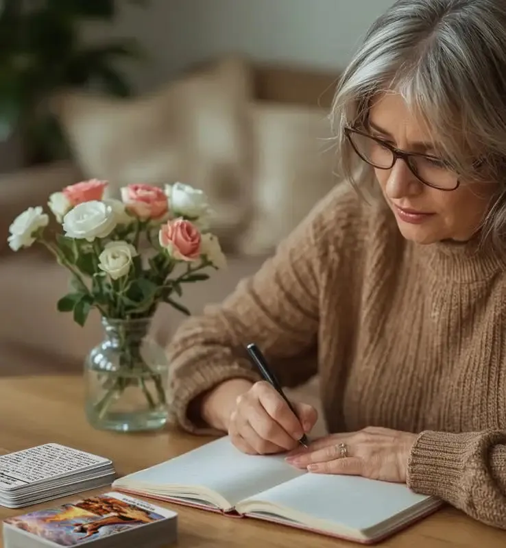 A woman journaling beside a Biblicards card